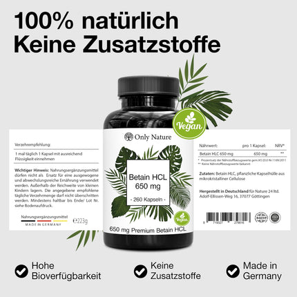 Betaīna hidrohlorīds 650 mg - 240 kapsulas - tabletes pret grēmām - augsta deva - ražots Vācijā un laboratorijā pārbaudīts - vegāns - betaīna hidrohlorīds