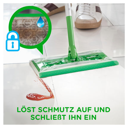 Swiffer grīdas mops ar 102 sausām grīdas lupatām savāc netīrumus un tos notur (+3 mitras grīdas lupatiņas kā parauga iepakojums)