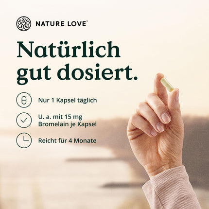 NATURE LOVE® enzīmu komplekss - 120 kapsulas - ieskaitot Lipāze un α-amilāze | ar bromelaīnu, rutīnu, celulozi un inulīnu - gremošanas enzīmi 4 mēnešu daudzumā - vegāns, laboratoriski pārbaudīts