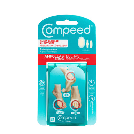 Compeed tulznu plāksteru maisījuma iepakojums – dažādu izmēru hidrokoloīdie plāksteri – tulznām uz papēžiem, kāju pirkstiem un mazām tulznām, 5 plāksteri