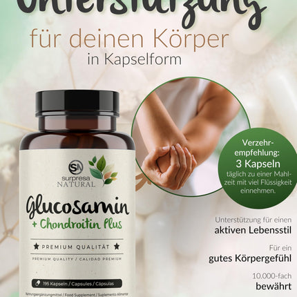 Surpresa dabīgās glikozamīna un hondroitīna kapsulas ar augstu devu I 1 x 195 kapsulas I 1500 mg glikozamīna un 1200 mg hondroitīna vienā dienas devā I Uztura bagātinātājs bez piedevām un laboratoriski pārbaudīts