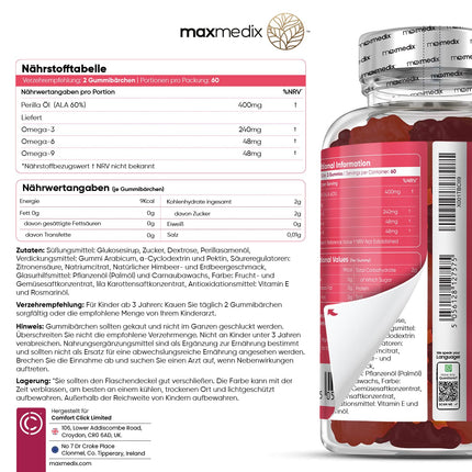 Omega 3 6 9 želejkonfektes bērniem - 400 mg perillas eļļas nodrošina Omega 3, Omega 6 un Omega 9 vienā porcijā - 120 vegānas želejkonfektes - 2 mēnešu krājumi - taukskābes ar zemeņu un aveņu garšu - maxmedix
