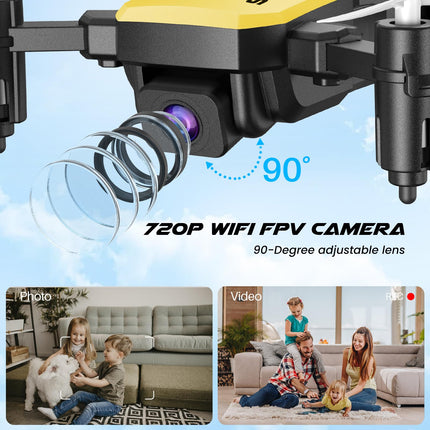 SIMREX X300C drons ar 720P HD kameru, RC kvadrokoptera salokāms drons, mini drons ar augstuma noturēšanu, 3D pagriezienu, bezgalvas režīmu, gravitācijas kontroli un 2 baterijām, dāvanas bērniem, pieaugušajiem, dzeltens