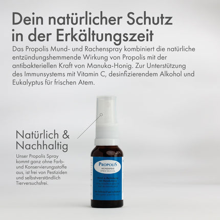 Propolisa aerosols rīkles, mutes dobuma un rīkles kopšanai - ar Jaunzēlandes Manuka medu, C vitamīnu, eikaliptu un piparmētru - mazina iekaisušu kaklu, elpošanas grūtības un sliktu elpu.