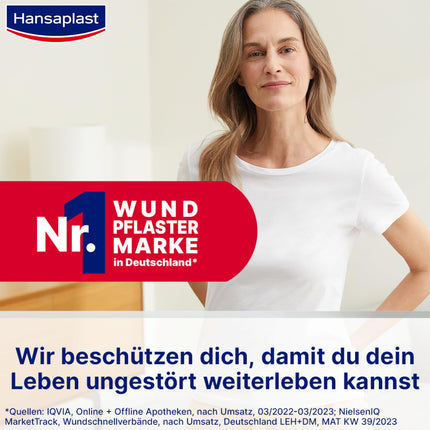 Hansaplast Sensitive plāksteri (20 strēmelītes), ādai draudzīgi un hipoalerģiski brūču plāksteri ar baktēriju aizsardzību un drošu līmes stiprību, nesāpīgi noņemami plāksteri