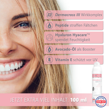 Augstas devas hialuronskābes serums 100 ml - ar pretnovecošanās pastiprinātāju avokado eļļu, peptīdiem un E vitamīnu - vegāns pretgrumbu sejas krēms acīm, kaklam un dekoltē zonai ar savstarpēji saistītu hialuronskābi