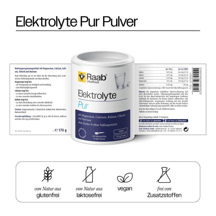 Raab Vitalfood® Pure Electrolytes (170 g) - vegānisks, ar mērkaroti, elektrolītu pulveris bez cukura un saldinātājiem, ideāli piemērots sportistiem ar dehidratāciju