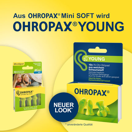 OHROPAX Young ausu aizbāžņi – ausīm ar šaurākiem auss kanāliem – mīksti putuplasta ausu aizbāžņi – skaņas izolācijas vērtība SNR 35 dB – ideāli piemēroti atpūtai, koncentrēšanās spējām un brīvā laika pavadīšanai – 10 gabali