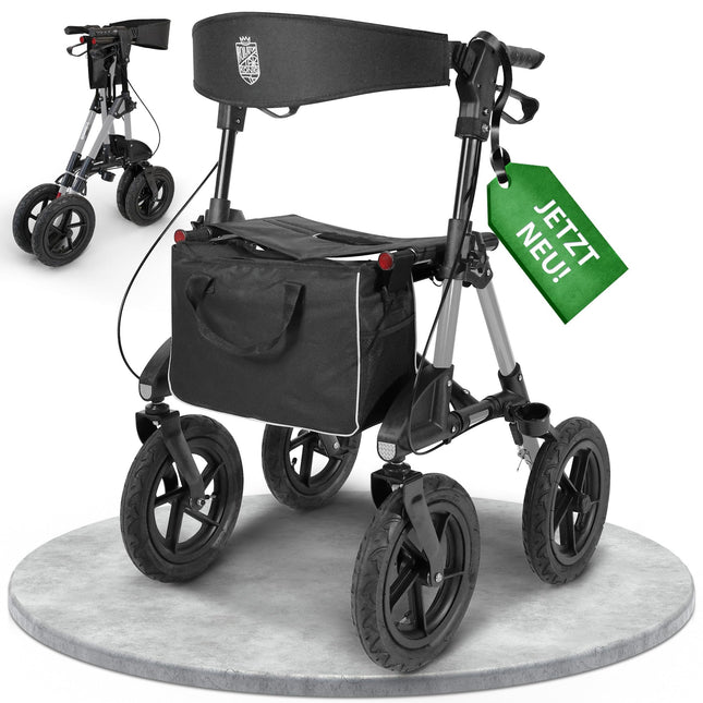 Āra rollators ar 30 cm pneimatiskajām riepām, sēdekļa un muguras siksnu ar noņemamu somu - augstumā regulējamiem ergonomiskiem rokturiem. Visurgājēju rollators, salokāms, izturīgs un viegls, izgatavots no alumīnija, pērļu baltā krāsā