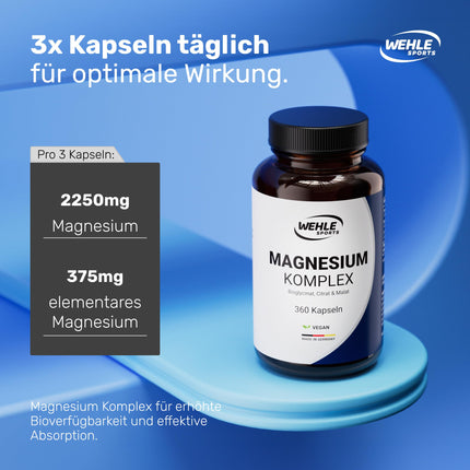 Augsta magnija deva 2250 mg dienā - trīskāršais komplekss ar: magnija bisglicinātu, magnija citrātu, magnija malātu, augsta deva, vegāns (360 kapsulas)