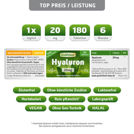 Hialuronskābe, augsta deva, 20 mg - 180 tabletes, vegāns. Tīra hialuronskābe - iegūta dabiskās fermentācijas ceļā. BEZ mākslīgām piedevām - laboratoriski pārbaudīts. No Greenfood.