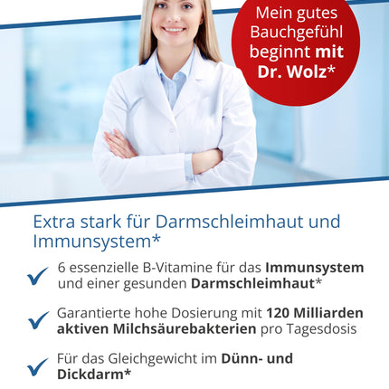 Dr. Wolz Darmflora plus select intens - 80 augstas devas kapsulas - 22 pienskābes baktēriju celmi - 120 miljardi baktēriju kultūru dienā - zarnu gļotādai un imūnsistēmai* - zarnu trakta ārstēšanai