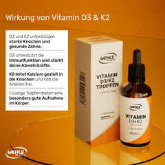 D3 K2 vitamīna pilieni augstā devā [1000 SV] - D3 K2 vitamīns augstā devā - D K2 vitamīns - D3 K2 vitamīna eļļa - D3 K2 vitamīns 1000 SV - 50 ml 1700 pilieni - Augsta biopieejamība - LABORATORIJAS TESTĒTS Wehle Sports®