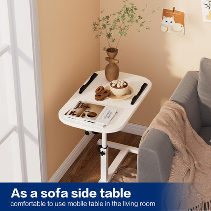 mosegor mobilais sānu galdiņš ar regulējamu augstumu barojošos galdiņu gultai ar 4 ritentiņiem, 60 × 40 cm klēpjdatora galds, rotējošs virsgultas galds viesistabai, guļamistabai, birojam, gultai, dīvānam, maks. 20 kg, balts