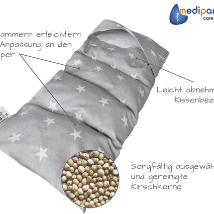 Medi Partners ķiršu kauliņu spilvens 60x20cm 800g 100% kokvilna 5 kameru liels organisks dabīgs siltuma spilvens aukstuma terapijai noņemams pārvalks (zvaigznes)