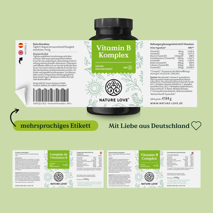 NATURE LOVE® B vitamīnu komplekss – augsta deva: ar 500 µg B12 vitamīna – 180 kapsulas (6 mēnešiem) – visi 8 B vitamīni (B1, B2, B3, B5, B6, B7, B9, B12) – vegāns, laboratorijā pārbaudīts un ražots Vācijā