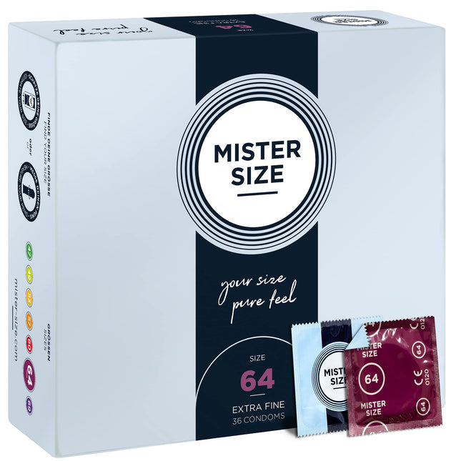 MISTER SIZE prezervatīvi, īpaši plāni, 64 mm, 36 prezervatīvu iepakojums/ļoti plāni un īpaši smalki/prezervatīvs, kas izgatavots no 100% dabīgā lateksa kaučuka jūsu XXL izmērā/dabiska sajūta, 36 prezervatīvu iepakojums
