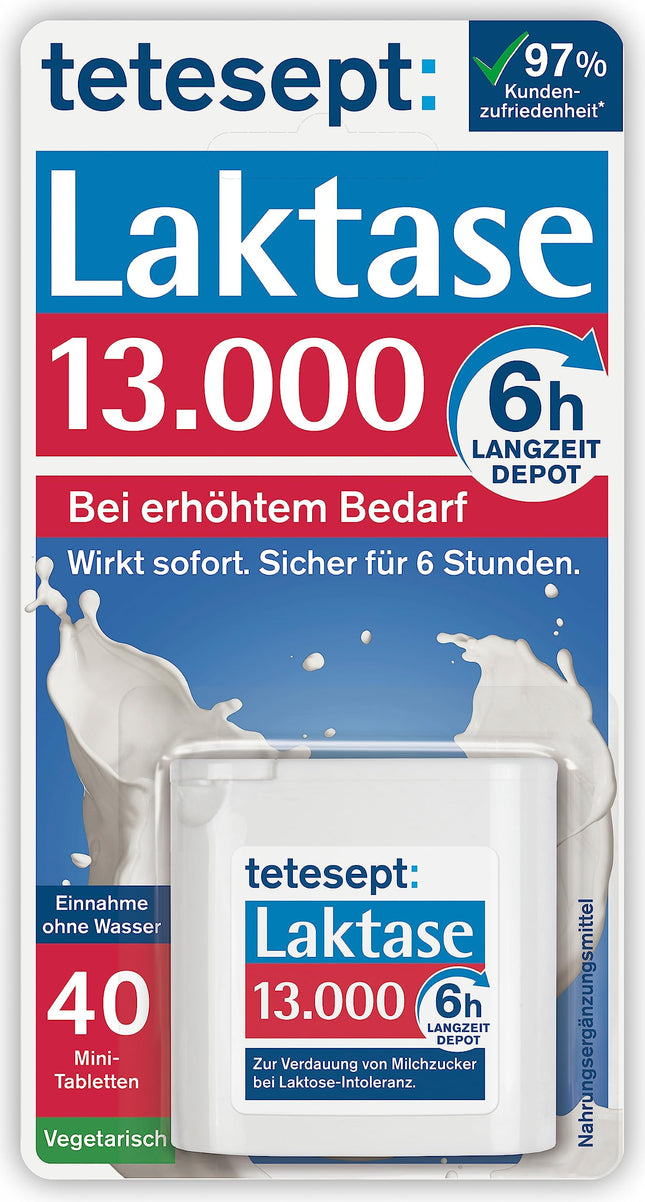 tetesept Lactase 13 000 – laktāzes tabletes laktozes nepanesības gadījumā – uztura bagātinātājs ar tūlītēju iedarbību un 6 stundu ilgstošu depo – 1 bundža ar 40 tabletēm