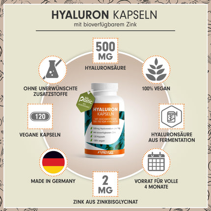Hialuronskābes kapsulas 120x - optimāli dozētas ar 500 mg hialuronskābes dienā - augstas kvalitātes 500-700 kDa hialuronskābe + 2 mg bioloģiski pieejams cinks - laboratoriski pārbaudītas ar sertifikātu - 100% vegānisks