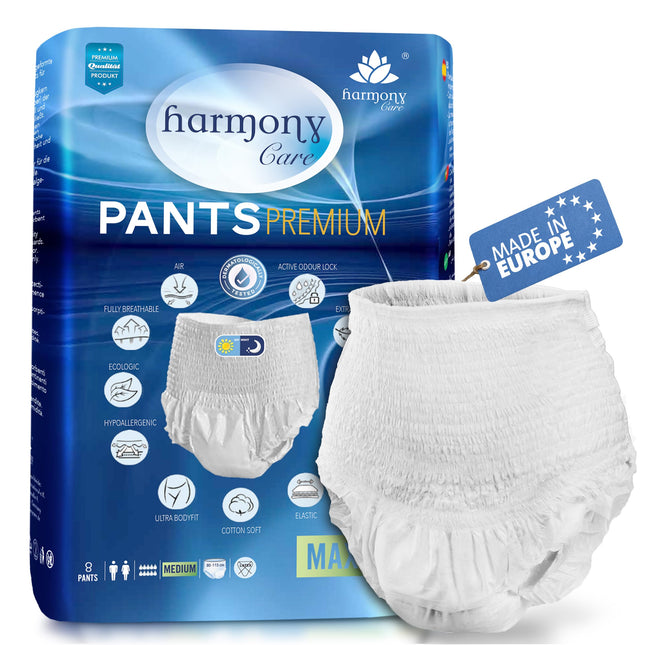 Harmony Care ® MAXI ļoti absorbējošas pieaugušo autiņbiksītes – diskrētas urīna nesaturēšanas biksītes sievietēm un vīriešiem – pieaugušo autiņbiksītes, L izmērs – 8 gabalu testa iepakojums
