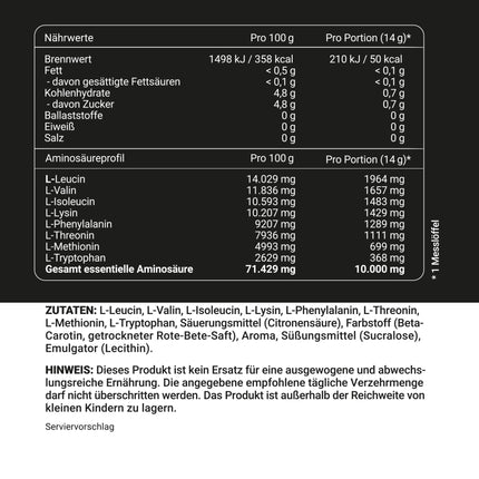 Wehle EAA pulveris 500g, smalks aminoskābju pulveris ar 8 neaizvietojamām aminoskābēm, Human Code Formula I. Garda garša un lieliska šķīdība - vegāns cukurs, aminoskābju dzēriens treniņiem (500g, tropiskie augļi).