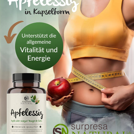 Surpresa dabīgā ābolu sidra etiķa kapsulas ar augstu devu | 1 x 180 kapsulas | 1000 mg ābolu sidra etiķa vienā dienas devā | Ābolu sidra etiķis - uztura bagātinātājs, vegāns un laboratorijā pārbaudīts | Ābolu sidra etiķis