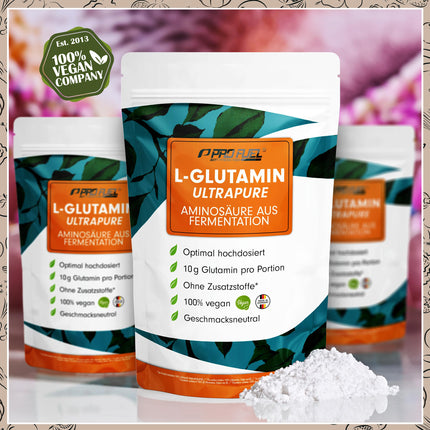 L-glutamīna pulveris 500g vegāns, optimāli augsta deva un bezgaršīgs, L-glutamīns bez piedevām, īpaši tīrs ar vairāk nekā 99,9% tīrību, no fermentācijas, laboratorijā pārbaudīts, piegādā 50 dienas