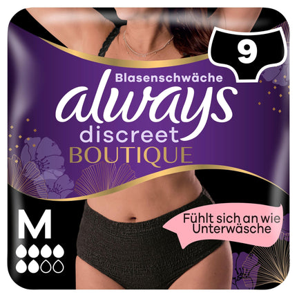 Always Discreet Boutique biksītes urīna nesaturēšanai M izmērs (9 biksītes) sievietēm, urīnpūšļa vājuma gadījumā, absorbē smakas un mitrumu, novērš noplūdes, melnas (iepakojums var atšķirties)
