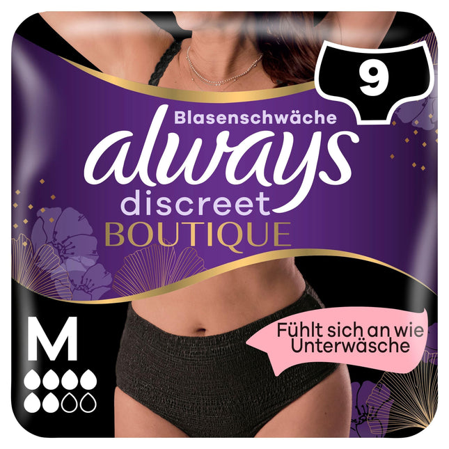 Always Discreet Boutique biksītes urīna nesaturēšanai M izmērs (9 biksītes) sievietēm, urīnpūšļa vājuma gadījumā, absorbē smakas un mitrumu, novērš noplūdes, melnas (iepakojums var atšķirties)