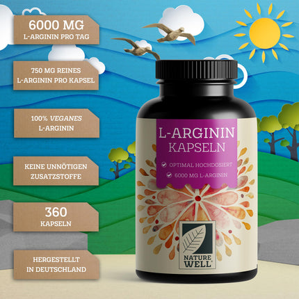 L-arginīns 360 vegānas kapsulas - ar 6000 mg L-arginīna no augu fermentācijas (no kuriem 6000 mg tīra L-arginīna) vienā dienas devā - Bez piedevām - laboratoriski pārbaudīts ar sertifikātu - 100% vegāns