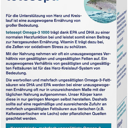 tetesept Omega-3 1000 - jūras zivju un lašu eļļas kapsulas - augsta Omega 3 taukskābju deva DHA, EPA un E vitamīns - uztura bagātinātājs sirds un asinsvadu sistēmas atbalstam - 80 kapsulas (1 iepakojums)
