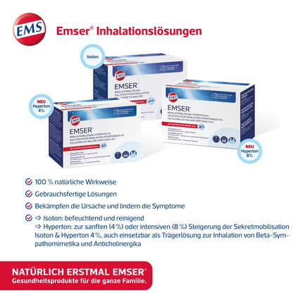 EMSER inhalācijas šķīdums hipertonisks 4%: šķīdums ar dabīgo Emser sāli inhalācijām ar nebulizatoriem, piem. bronhīta gadījumā 20 lietošanai gatavas ampulas pa 5 ml katrā