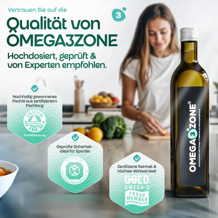 omega3zone Premium Omega-3 zivju eļļas šķidrums – augsta deva: 5400 mg vienā porcijā triglicerīdu veidā – laboratorijā pārbaudīts, rūpīgi attīrīts, ražots Vācijā – 500 ml ar citrona garšu