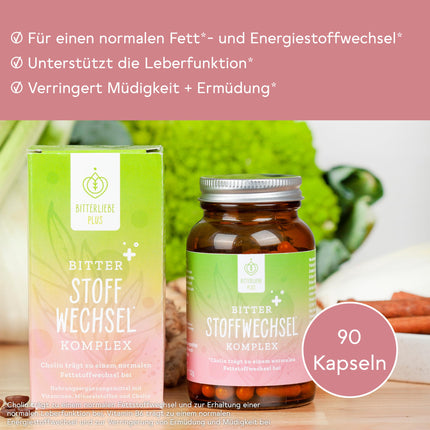 BitterLiebe® rūgto vielmaiņas komplekss - 90 augstas devas kapsulas ar holīnu, cinku, vitamīniem un rūgtajām vielām - normālai tauku un enerģijas vielmaiņai - vegāns un ražots Vācijā