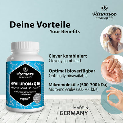 Augstas devas hialuronskābe 200 mg + koenzīms Q10 100 mg uz vegānu kapsulu, 2 mēnešu kurss, augsta biopieejamība, zema molekulmasa: 500–700 kDa, uztura bagātinātājs bez liekām piedevām