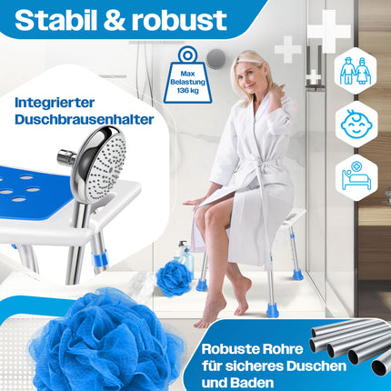 KESSER® dušas krēsls ar regulējamu augstumu | Viegls vannas istabas krēsls ar neslīdošām gumijas kājiņām, dušas krēsls ar celtspēju 136 kg | Dušas palīglīdzeklis senioriem | Vannas rokturis ar piesūcekņa rokturi | Dušas sēdeklis ar dušas turētāju
