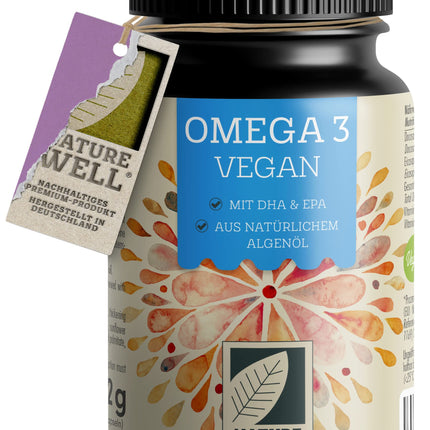 Omega-3 vegāns 60 kapsulas, augsta deva, 2000 mg Omega-3 aļģu eļļas dienā ar 600 mg DHA un 300 mg EPA, vegāna omega no ilgtspējīgas audzēšanas kā zivju eļļas alternatīva, laboratorijā pārbaudīta ar sertifikātu, NatureWell