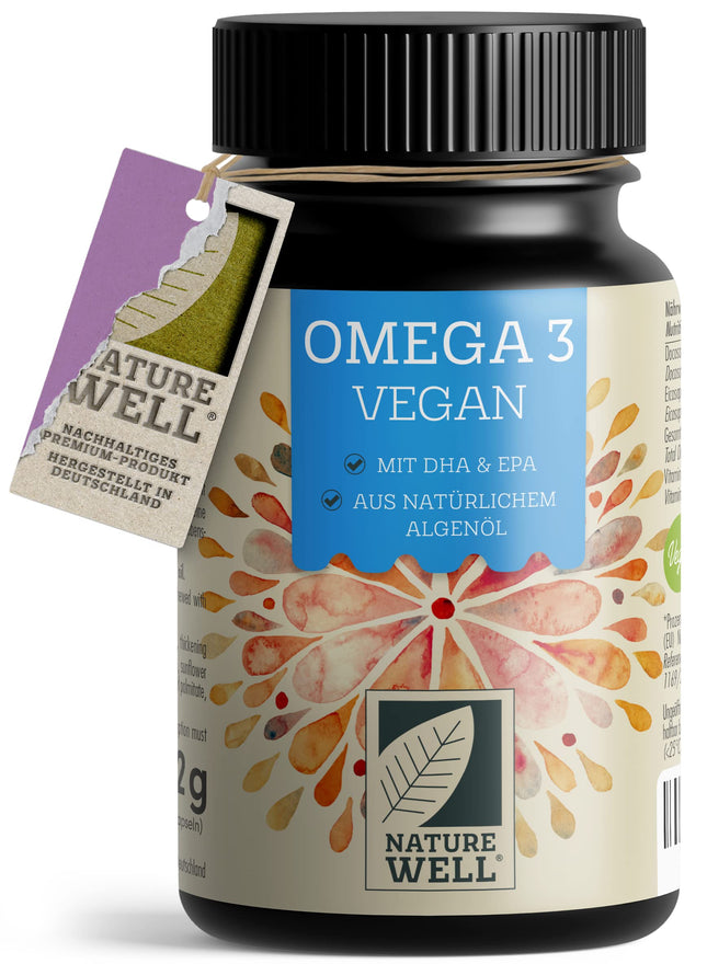Omega-3 vegāns 60 kapsulas, augsta deva, 2000 mg Omega-3 aļģu eļļas dienā ar 600 mg DHA un 300 mg EPA, vegāna omega no ilgtspējīgas audzēšanas kā zivju eļļas alternatīva, laboratorijā pārbaudīta ar sertifikātu, NatureWell