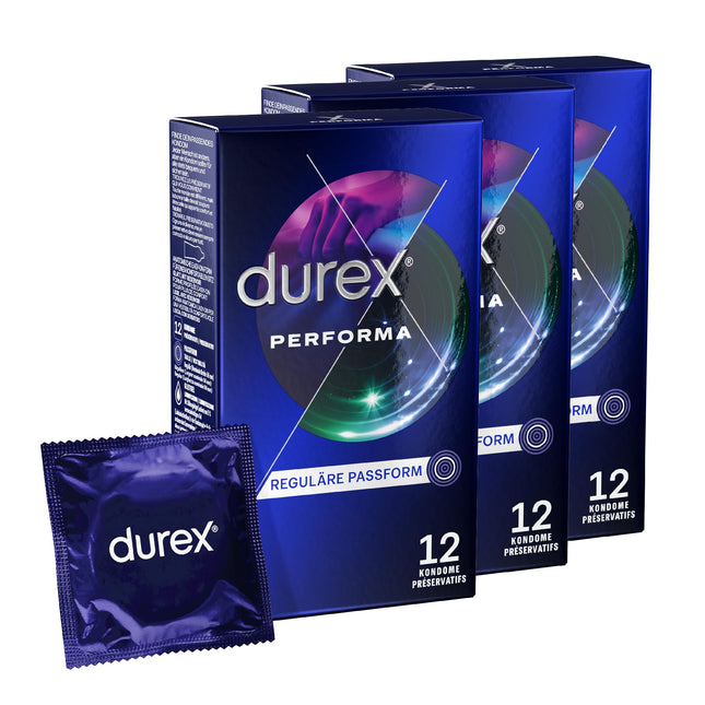 Durex Performa prezervatīvi – Patīkams aromāts, ērti pieguļ un viegli attināms – Ar 5% benzokaīna gelu prezervatīva galā – Lubrikēti un caurspīdīgi – 36 gabalu iepakojums (3 x 12 gabali)