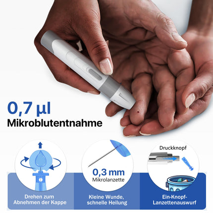 Asins glikozes mērītāja komplekts, 100 testa strēmeles, 100 lancetes, 1 asins glikozes mērītājs, 1 lancetes ierīce, diabēta testa komplekts bez kodēšanas, glikometrs ar lielu displeju, glikometrs lietošanai mājās