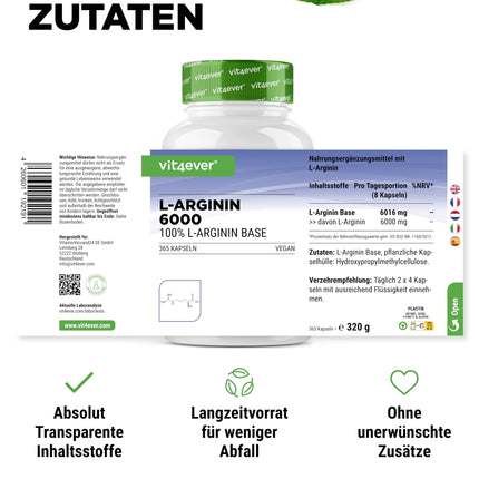 L-arginīns - 365 kapsulas - 6000 mg tīra L-arginīna vienā dienas devā - Ražots augu fermentācijas ceļā - Augsta deva - Bez piedevām - Vegāns