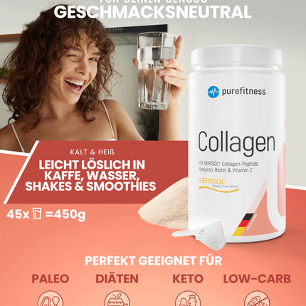 Purefitness Verisol® kolagēna pulveris 450 g [1.3. KLASE] ar BEAUTY formulu - patentēts Verisol® kolagēna peptīds - kolagēna pulveris ar hialuronskābi, biotīnu un C vitamīnu