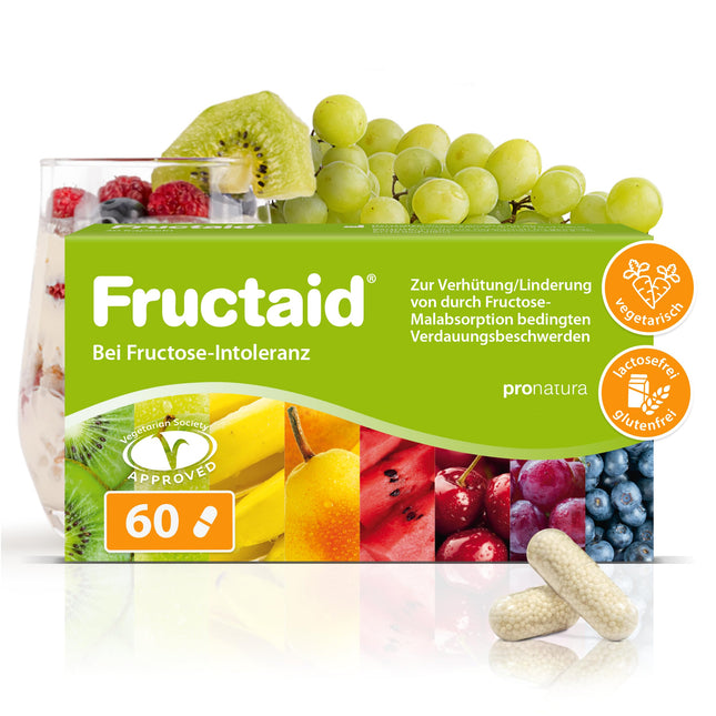 pro natura Fructaid – 60 kapsulas fruktozes nepanesības gadījumā, medicīniska ierīce fruktozes malabsorbcijas izraisītu gremošanas problēmu profilaksei un atvieglošanai