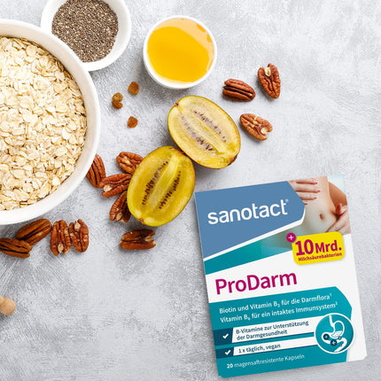sanotact ProDarm (20 kapsulas) • 10 miljardi pienskābes kultūru + 3 baktēriju celmi zarnu attīrīšanai • Baktēriju kultūras kā zarnu attīrīšanas līdzeklis • Ar B6, B2 vitamīniem + biotīnu • Probiotiska zarnu attīrīšana