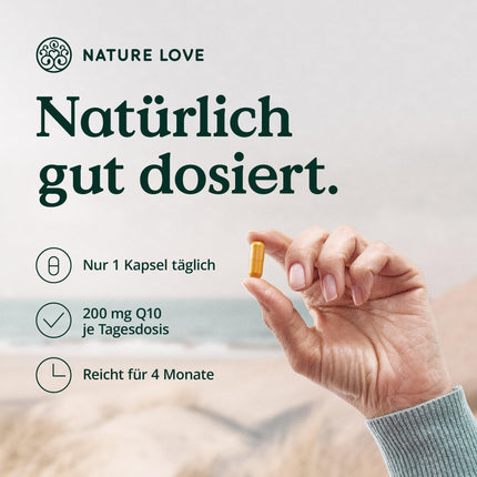 NATURE LOVE® koenzīms Q10 augstā devā - 200 mg kapsulā - 120 vegānas kapsulas 4 mēnešu piegādē - No augu fermentācijas - Augsta deva un ražots Vācijā