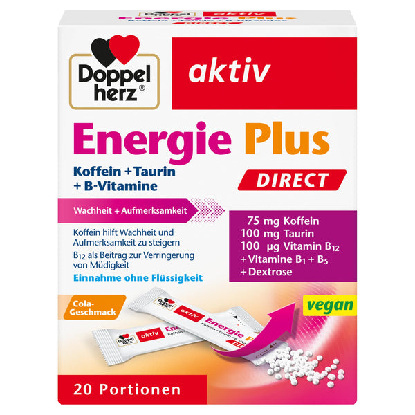 Doppelherz Energy Plus kofeīns + taurīns + B vitamīni TIEŠI – Ar B1, B5 (pantotēnskābi) un B12 vitamīniem enerģijas metabolisma veicināšanai – 20 paciņas
