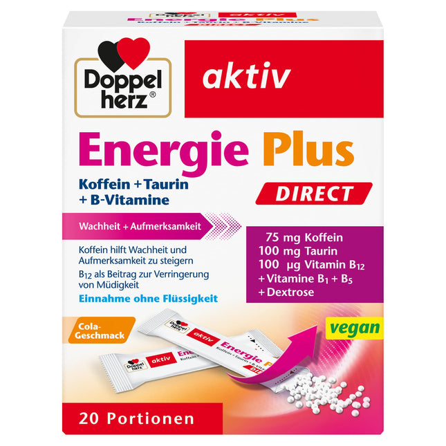 Doppelherz Energy Plus kofeīns + taurīns + B vitamīni TIEŠI – Ar B1, B5 (pantotēnskābi) un B12 vitamīniem enerģijas metabolisma veicināšanai – 20 paciņas