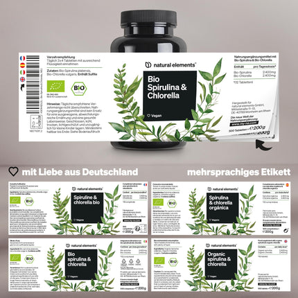 Organiskās spirulīnas un hlorellas tabletes – 500 tabletes – 100% tīras un dabīgas – Sertificēti bioloģiskas, laboratorijā pārbaudītas, bez piedevām, vegānas un ražotas Vācijā