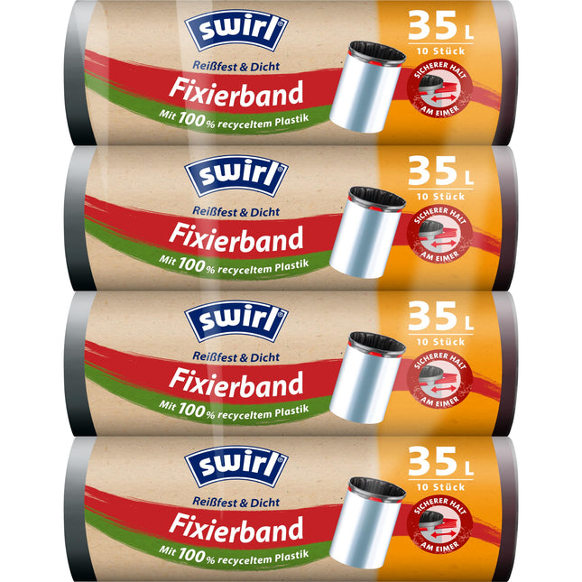 Swirl plīstizturīga un blīvējoša fiksācijas lente atkritumu maisiem 35 l (4 x 10 maisi), pilienizturīgi atkritumu maisi sadzīves atkritumiem, plīstizturīgi atkritumu maisi drošai noturēšanai uz atkritumu tvertnes