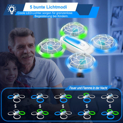 Wipkviey T18 mini drons bērniem, tālvadības kvadrokopters ar augstuma noturēšanu un bezgalvas režīmu, drons ar zilām un zaļām gaismām un 360° rotāciju zēniem, meitenēm iesācējiem, 2 baterijas